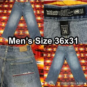 Vintage Ecko Unltd Blue Baggy Y2K Wide Leg Jeans Size 36x31 Skater Distressed